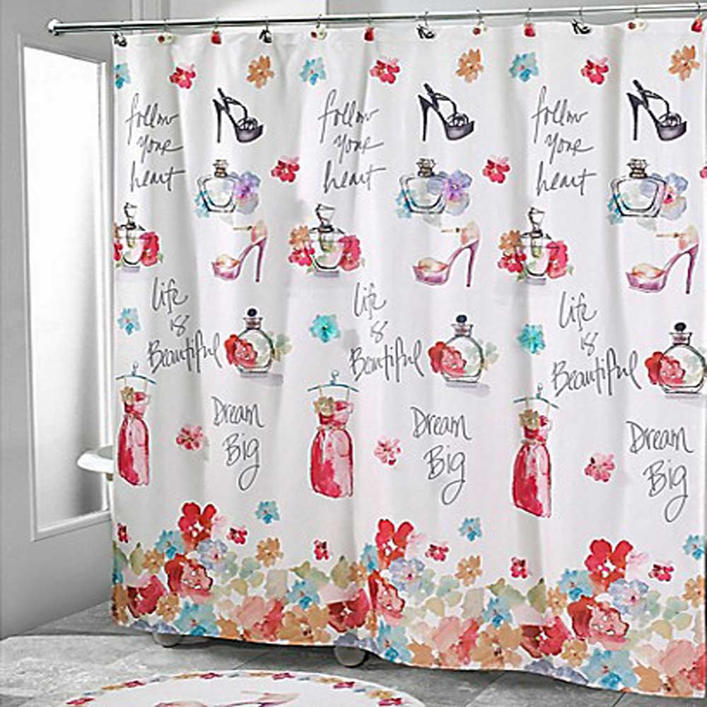 White Dream Big Fabric Shower Curtain hanging on a shower curtain rod