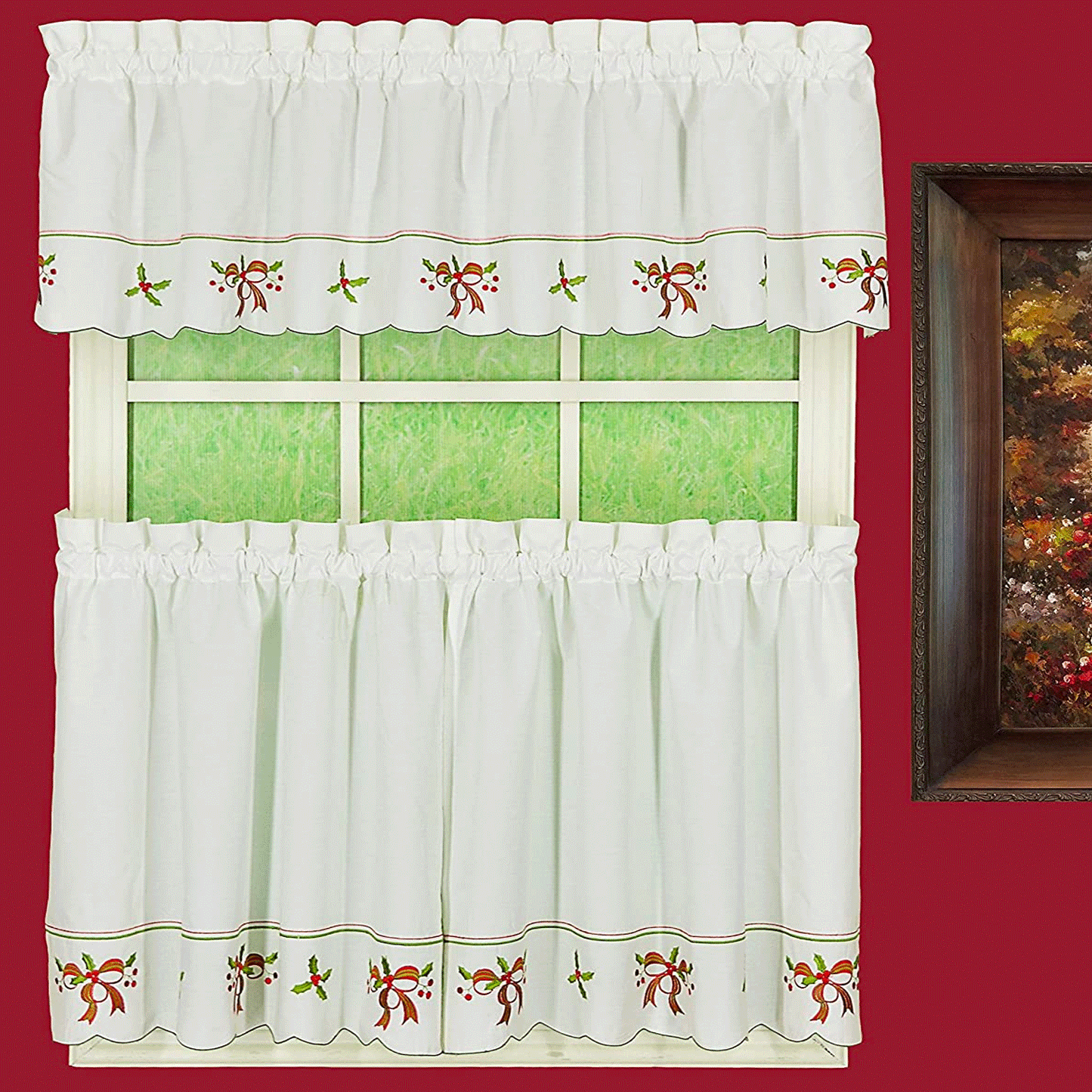 Holiday Embroidery Tier Pair or Valance