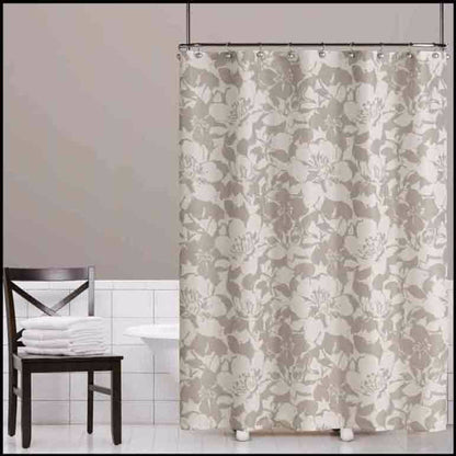 Grey Peony Fabric Shower Curtain hanging on a shower curtain rod