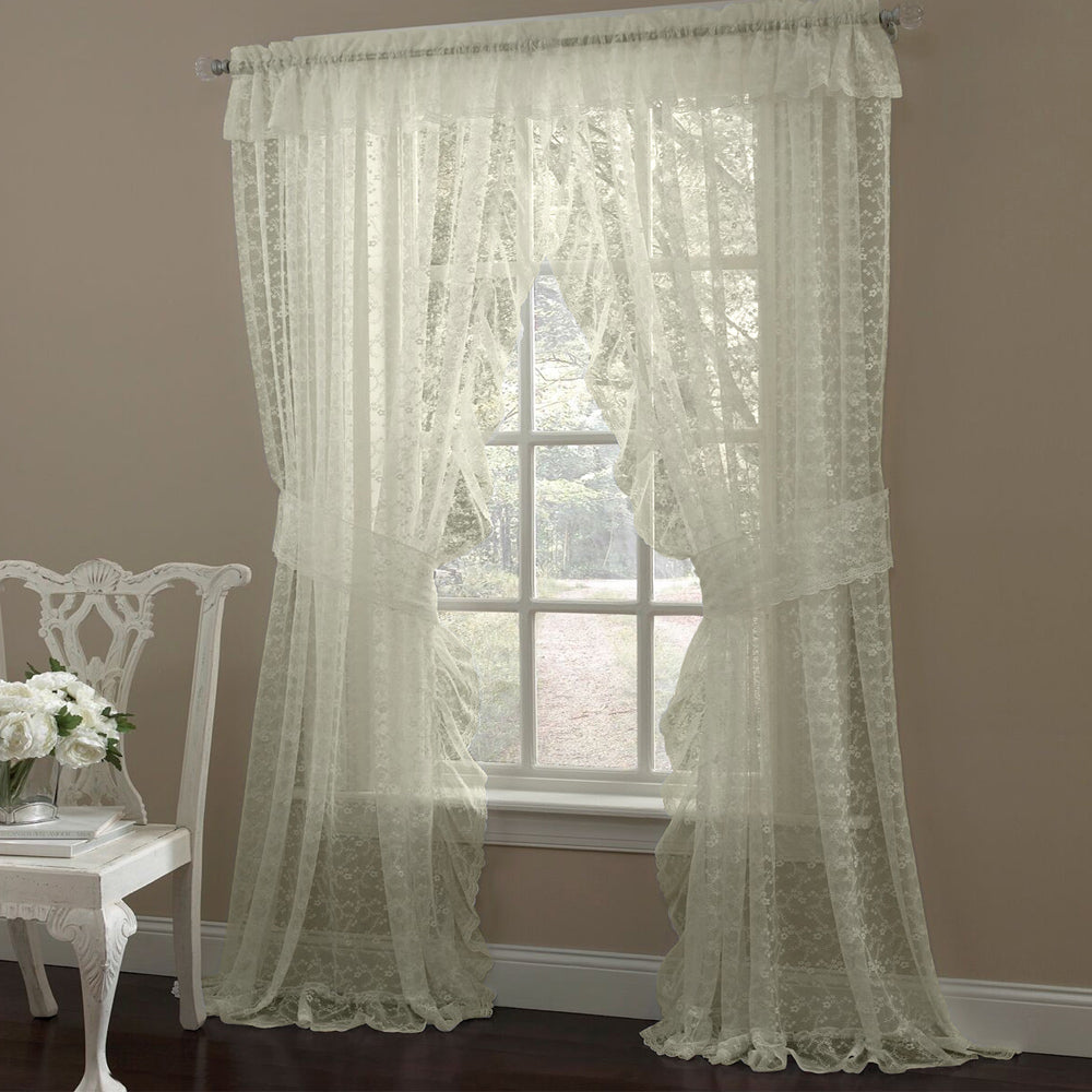 Priscilla Ruffled Bridal Lace Curtain Panel Pair With Scrolling Flower Pattern