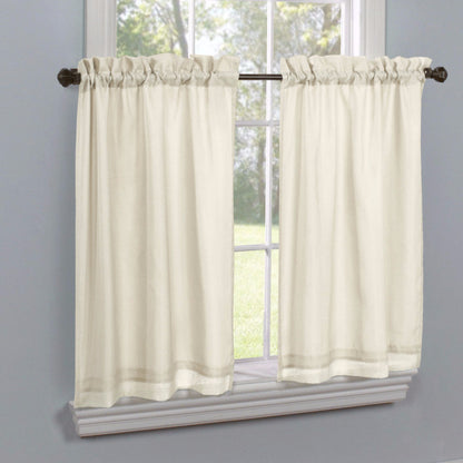 Ivory Rhapsody Lined Thermavoile Tailored Kitchen Tier Curtains hanging on decorative rods