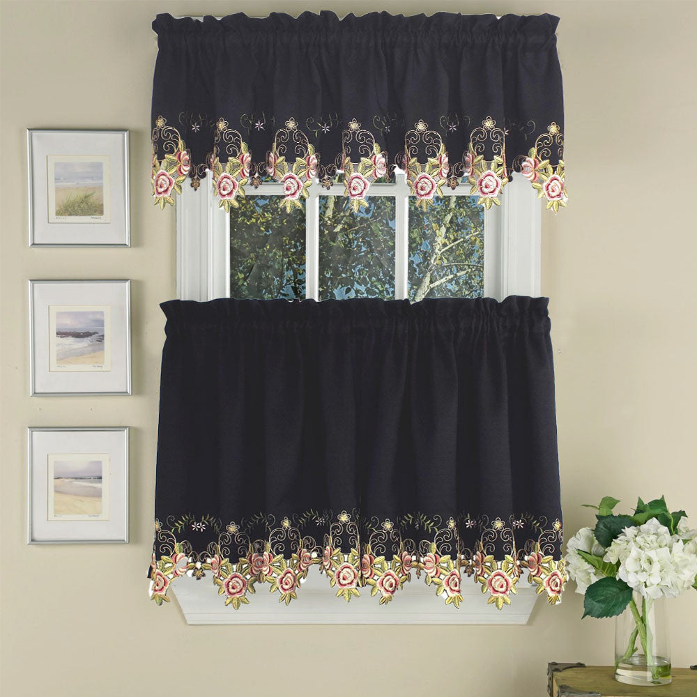 black and rose Verona Embroidered Cutwork Kitchen Valance and Tier Curtains hanging on a curtain rod