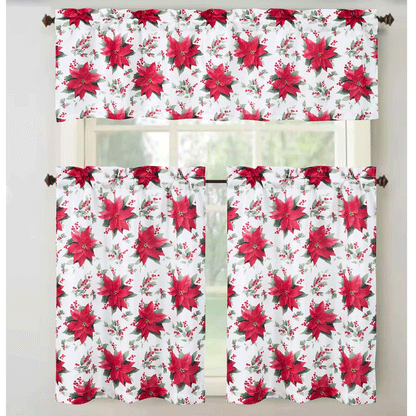 Holly Poinsettia 3PC Kitchen Curtain Set