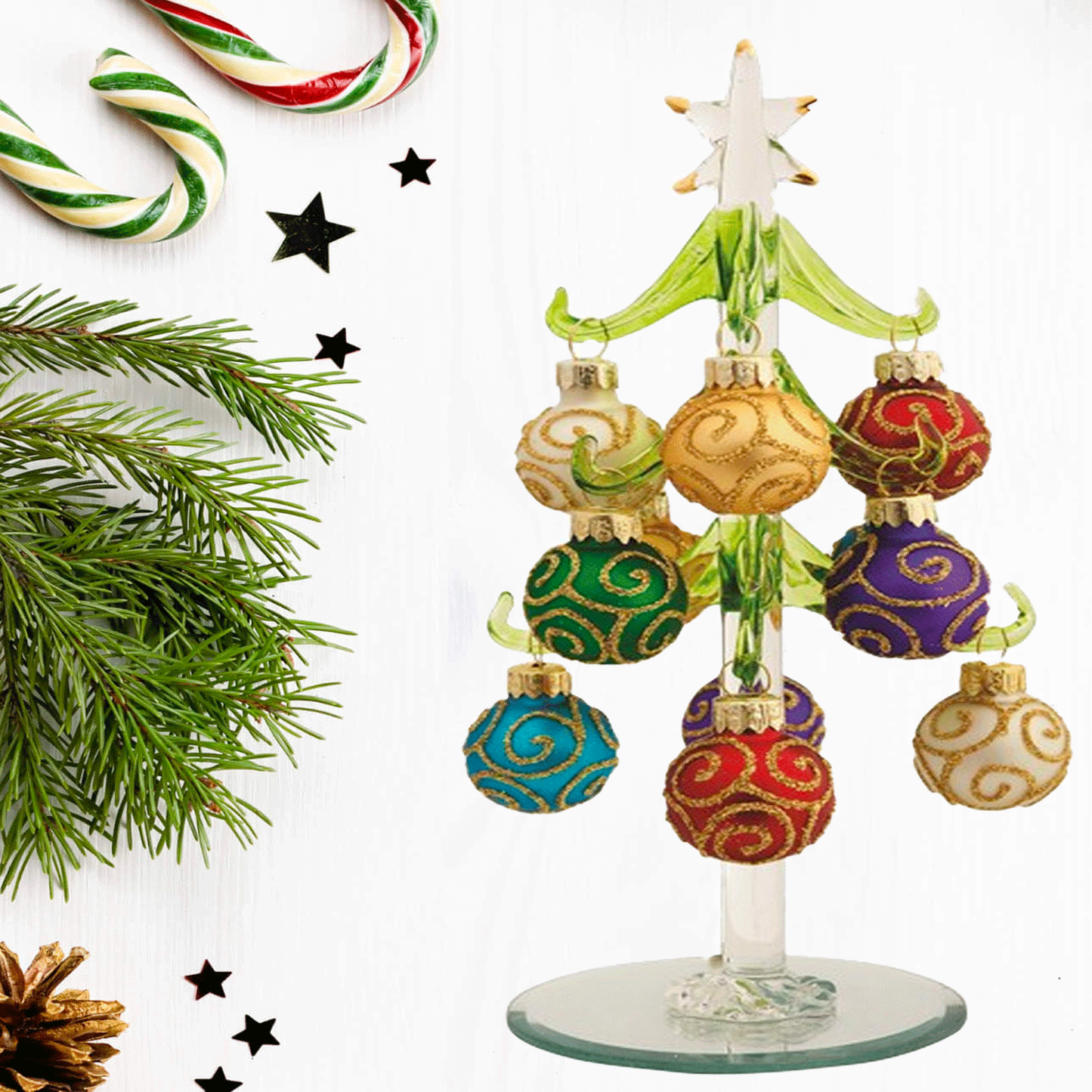 8 inch Glass Tree with 12 Swirl Ornaments