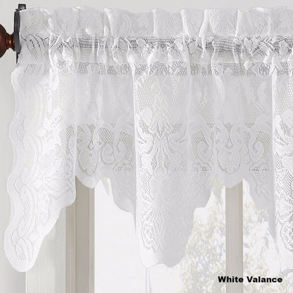Closeup of White No. 918 Alison Jacquard Sheer Kitchen Valance Swags fabric 