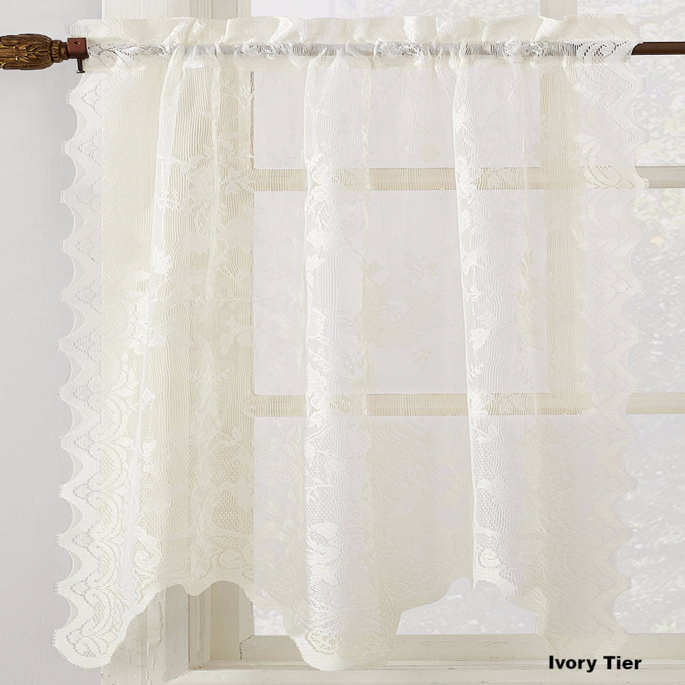Closeup of Ivory No. 918 Alison Jacquard Sheer Kitchen Valance Tier Curtains fabric