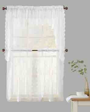 White No. 918 Alison Jacquard Sheer Kitchen Valance, Swags, & Tier Curtains hanging on curtain rods