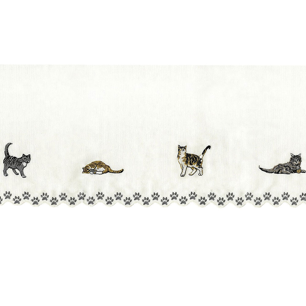 Closeup of Cats Embroidered Kitchen Valance, Swags, and Tier Curtains fabric