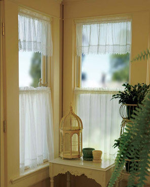 Chelsea Pin Stripe Sheer Kitchen Valance, Swags, and Tier Curtains hanging on curtain rods