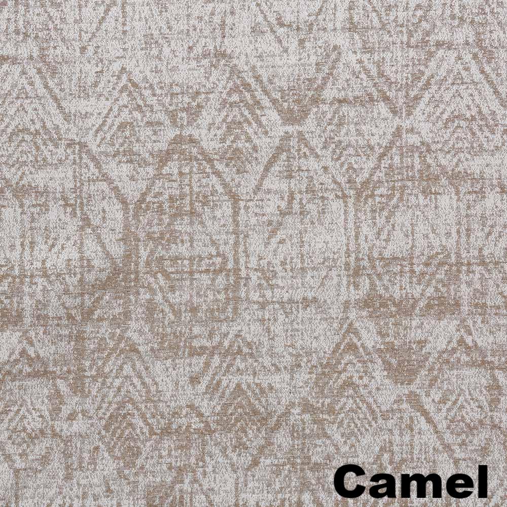 Up close shot of Camel Sun Zero Darren Distressed Damask Blackout Grommet Top Panel fabric