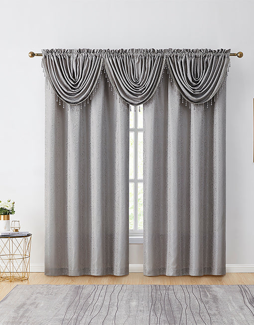 Emily Jacquard Rod Pocket Panel & Waterfall Valance – CurtainShop.com