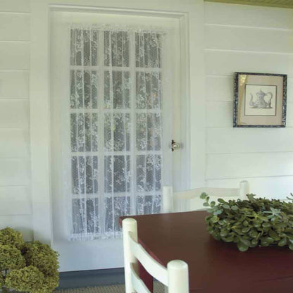 White English Ivy lace Door Panel hanging on  a french door 