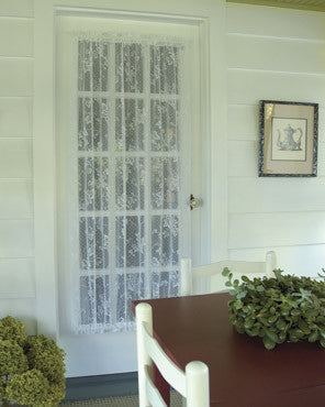 White English Ivy lace Door Panel hanging on a french door 