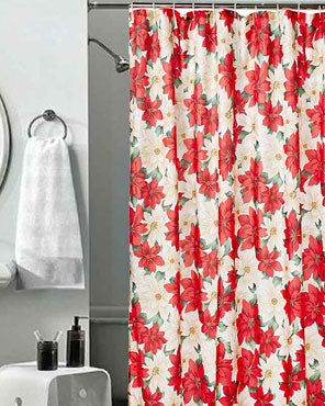 Red Seasonal Floral Poinsettia Fabric Shower Curtain hanging on a shower rod