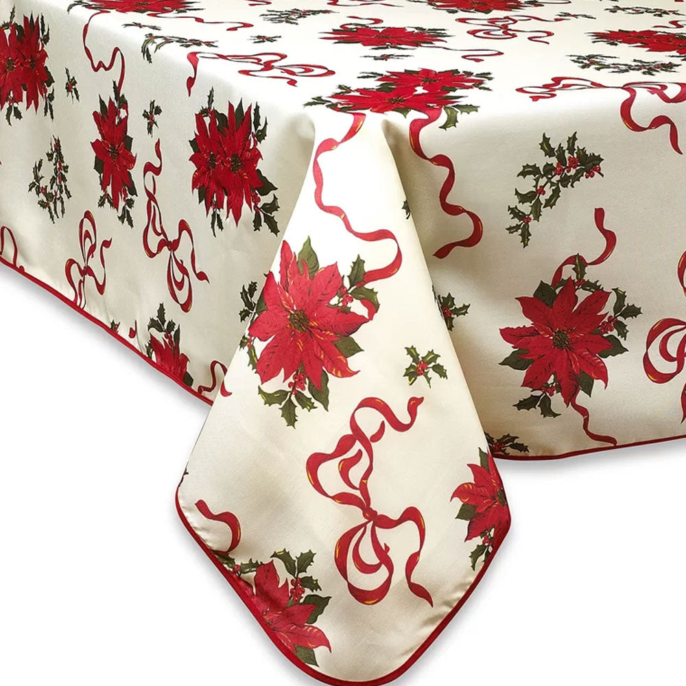 close up shot of ivory Euro Linen Poinsettia Fabric Table Cloth