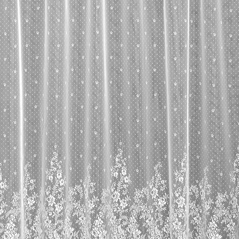 Closeup of White Floret Lace Kitchen Valance, Swags and Tier Curtain fabric lace