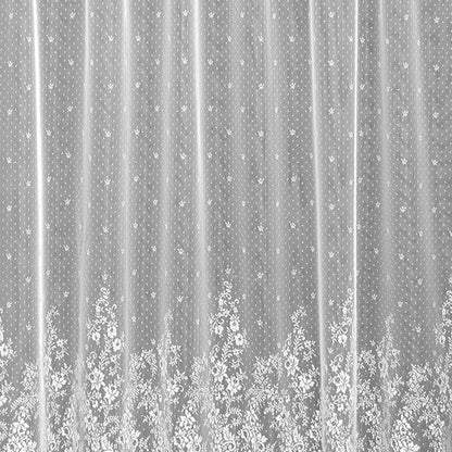 Closeup of White Floret Lace Kitchen Valance, Swags and Tier Curtain fabric lace