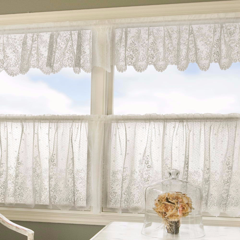 Floret Lace Kitchen Valance, Swags and Tier Curtain hanging on curtain rods