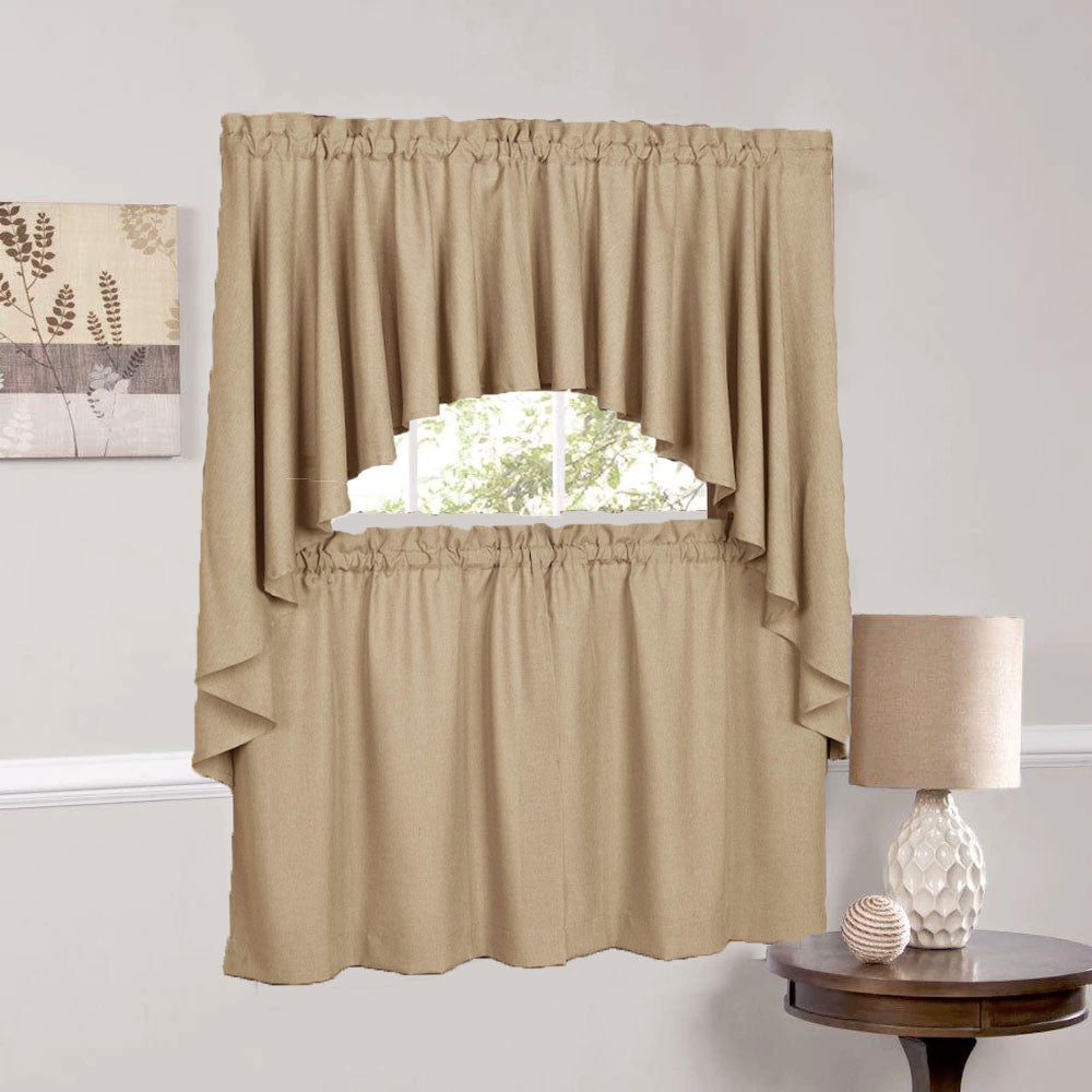 Harvest Glasgow Tier Valance and Swag hanging on a curtain rod