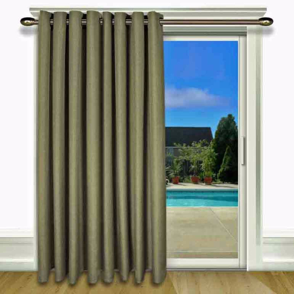 Spanish Moss Glasgow Grommet Top Patio Panel hanging on a decorative curtain rod