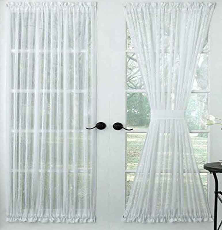 White Harmony Sheer Door Panel hanging on a cafe rod