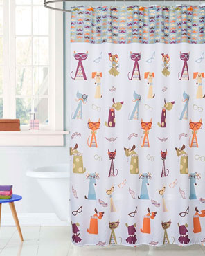 Multi Hipster Paws Fabric Shower Curtain hanging on a shower curtain rod