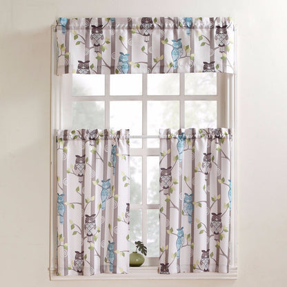 No. 918 Hoot Owl Print Kitchen Valance & Tier Curtains hanging on curtain rods