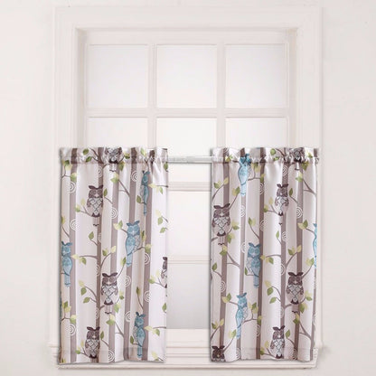 No. 918 Hoot Owl Print Kitchen Valance & Tier Curtains hanging on a curtain rod