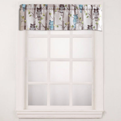 No. 918 Hoot Owl Print Kitchen Valance hanging on a curtain rod