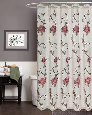 Rose Pink Larissa Rose Fabric  Shower Curtain hanging on a shower curtain rod