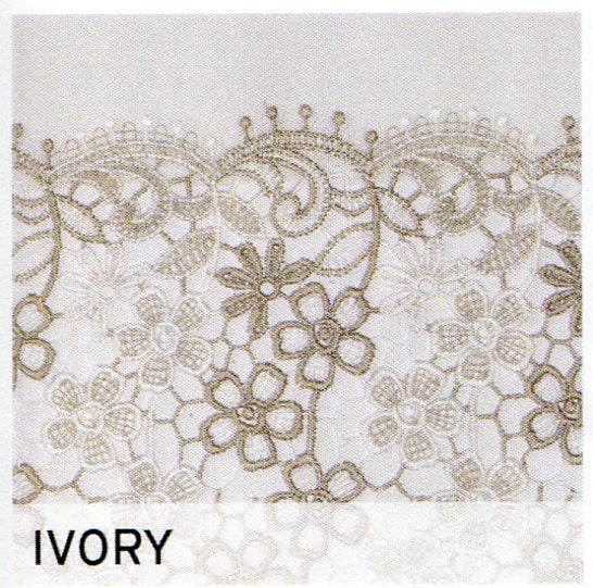 Up close shot of Ivory Lillian Macramé Band Fabric Shower Curtain fabric