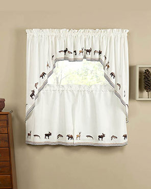 Lodge Embroidered Kitchen Valance, Swags, and Tier Curtains hanging on curtain rods