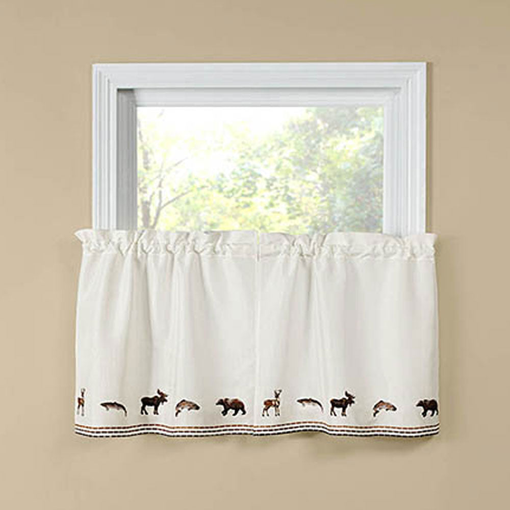 Lodge Embroidered Kitchen Tier Curtains hanging on curtain rods