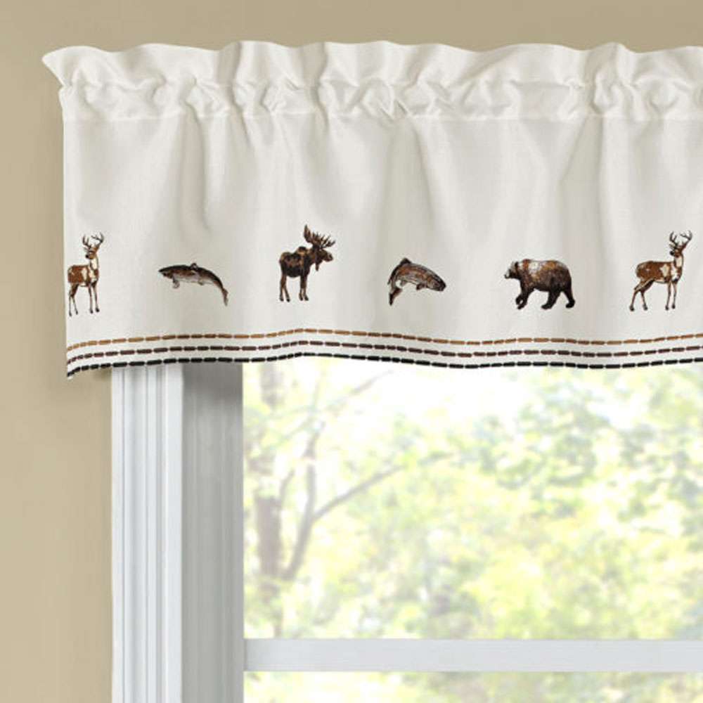 Lodge Embroidered Kitchen Valance hanging on a curtain rod