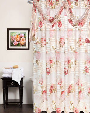 Beige Madeline-Fabric-Shower-Curtain hanging on a shower curtain rod