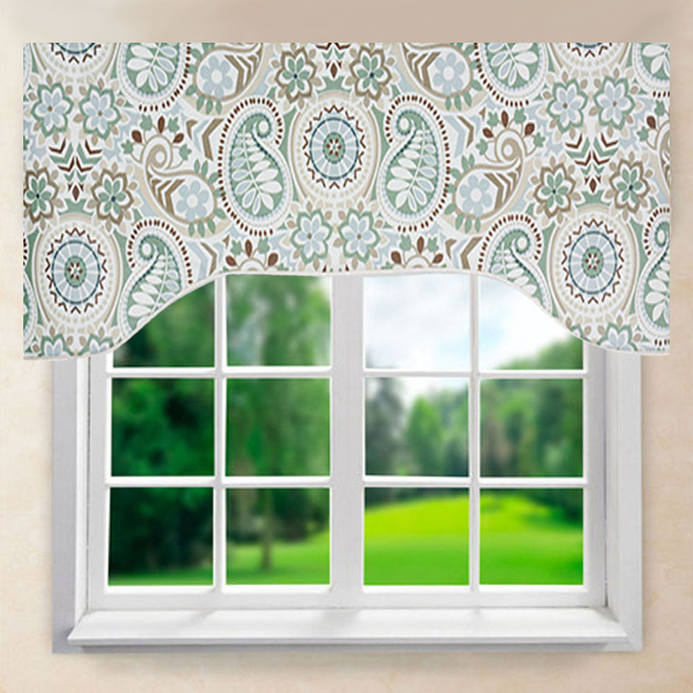 Paisley Prism Arch Valance hanging on a curtain rod