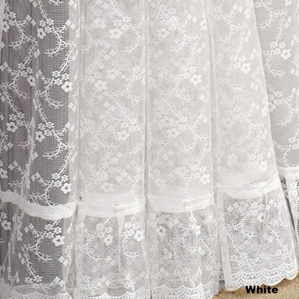 Priscilla Ruffled Bridal Lace Curtain Panel Pair With Scrolling Flower- Pattern-White