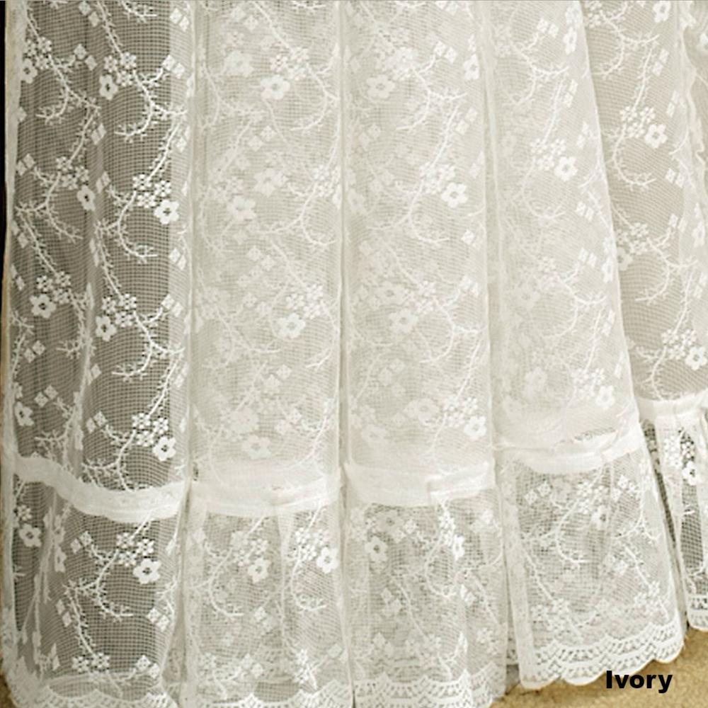 Priscilla Ruffled Bridal Lace Curtain Panel Pair With Scrolling Flower Pattern-Ivory