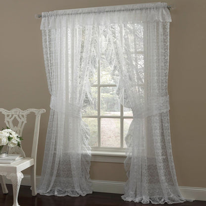 Priscilla Ruffled Bridal Lace Curtain Panel Pair With Scrolling Flower Pattern