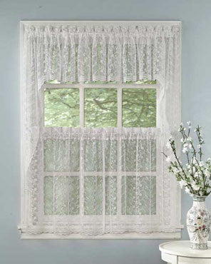White Priscilla Bridal Lace Kitchen Valance, Swags, Tier Curtains hanging on a curtain rod