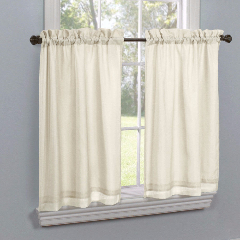 Ivory Rhapsody Lined Thermavoile Tailored Kitchen Tier Curtains hanging on decorative rods