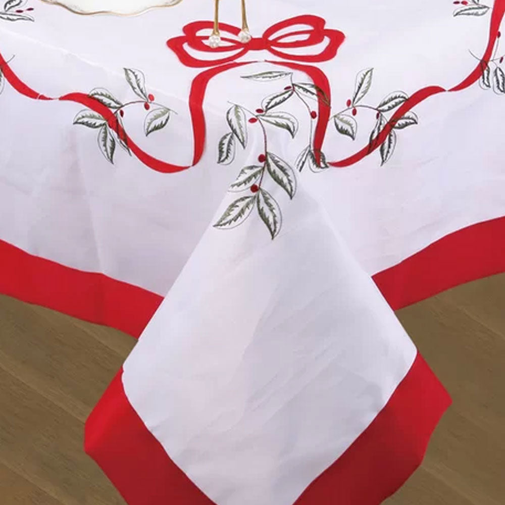 Closeup of White Euro Seasonal Bows Fabric Tablecloth fabric
