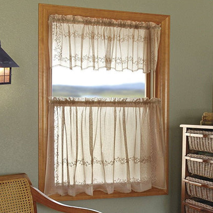 Sheer Divine Lace Kitchen Valance & Tier Curtains hanging on curtain rods