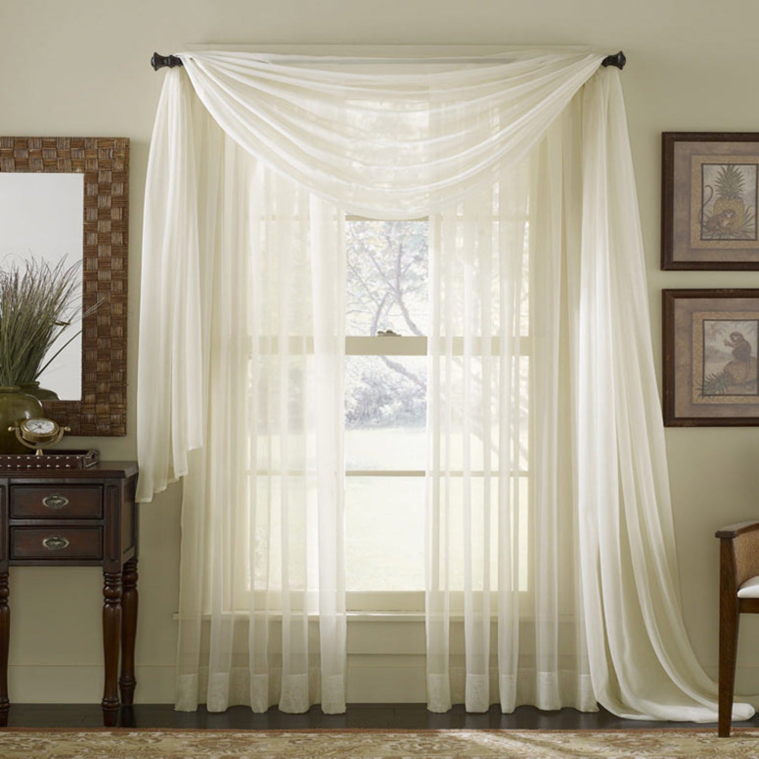 Voile Sheer Curtains and Scarf hanging on curtain rods