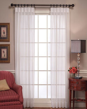 Voile Pinch Pleated Panel Pair Sheer Curtains hanging on a decorative rod