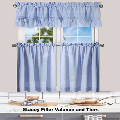 Slate Stacey Kitchen Valance, Ruffled Swags, and Tier Curtain hanging on a curtain rod