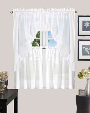 White Stacey Kitchen Valance, Ruffled Swags, and Tier Curtain hanging on a curtain rod