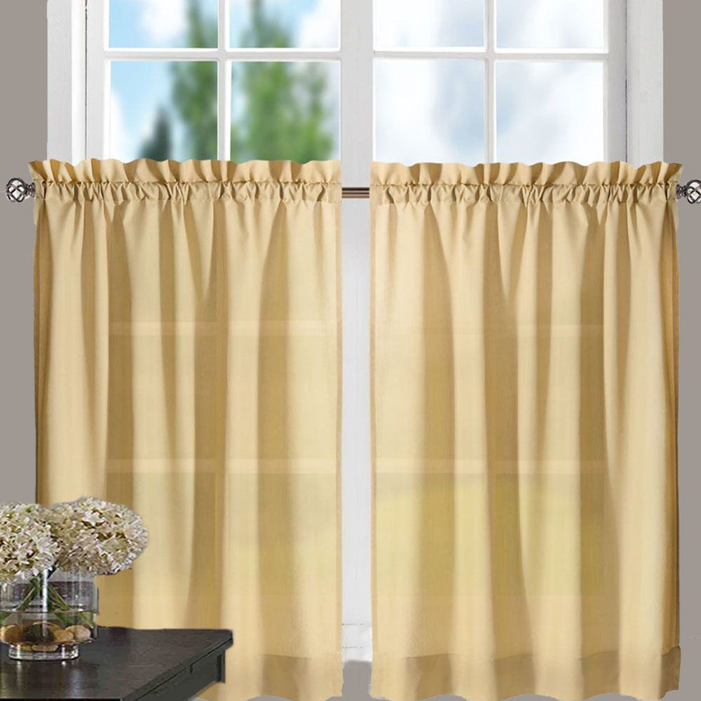 Almond Stacey Tier Curtain hanging on a curtain rod