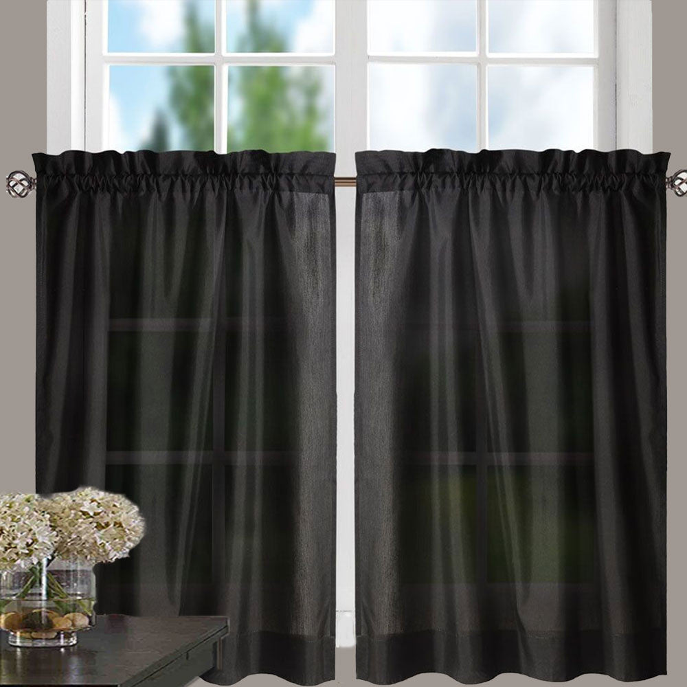 Black Stacey Tier Curtain hanging on a curtain rod