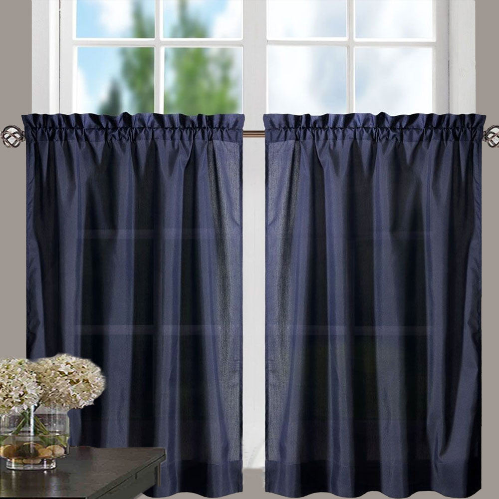 Navy Stacey Tier Curtain hanging on a curtain rod